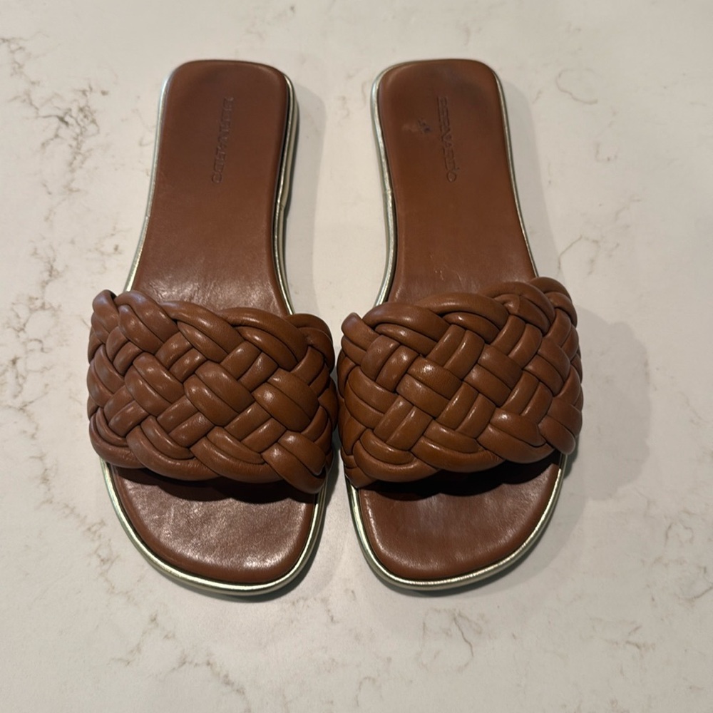Bernardo Italian slides. Carmel brown. Size 11. Worn 2x.